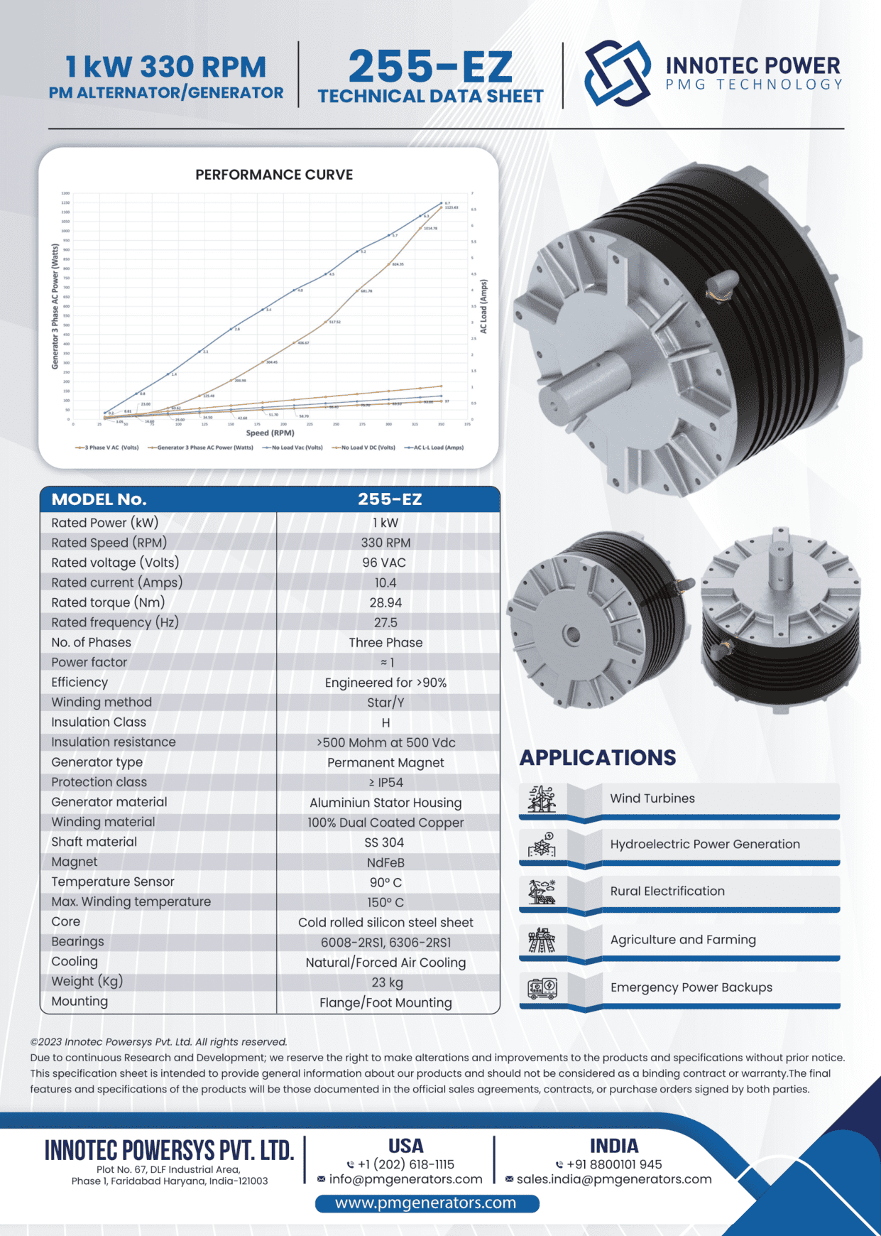 Data sheet of our 1 kW Alternator for Wind Turbine applications at 330 RPM