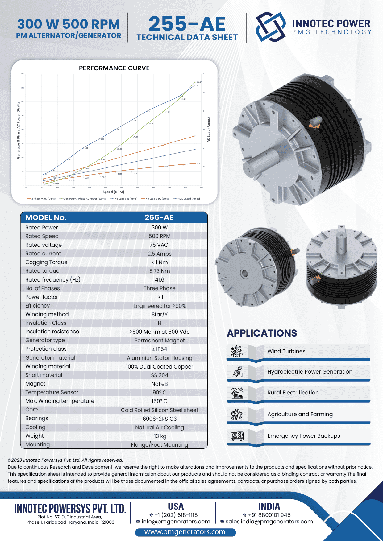 Data sheet of our 300 W Alternators for Wind Turbine applications at 500 RPM