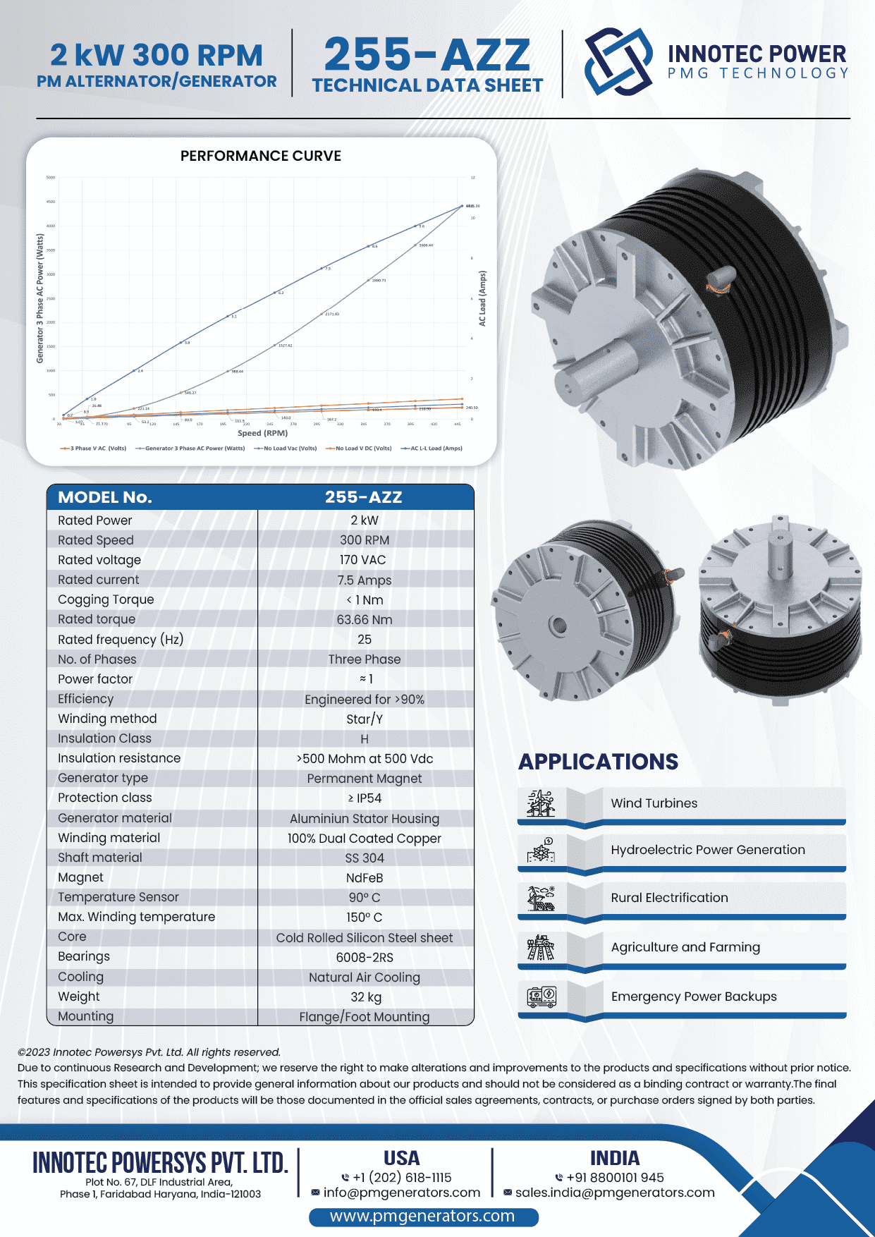 Technical data sheet of our 2kW 300 RPM Wind turbine alternator at 170 VAC