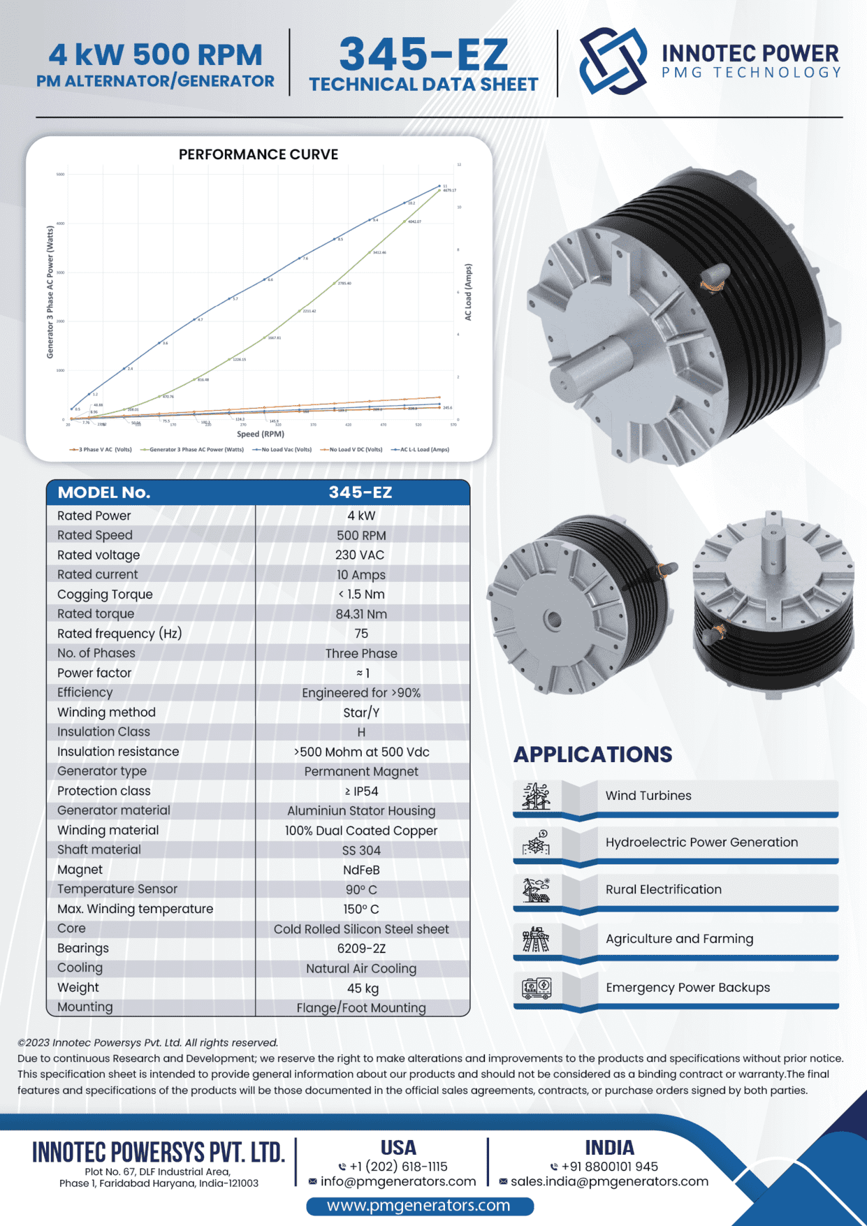 Data sheet of our 4kW Alternators for Wind Turbine applications at 500 RPM
