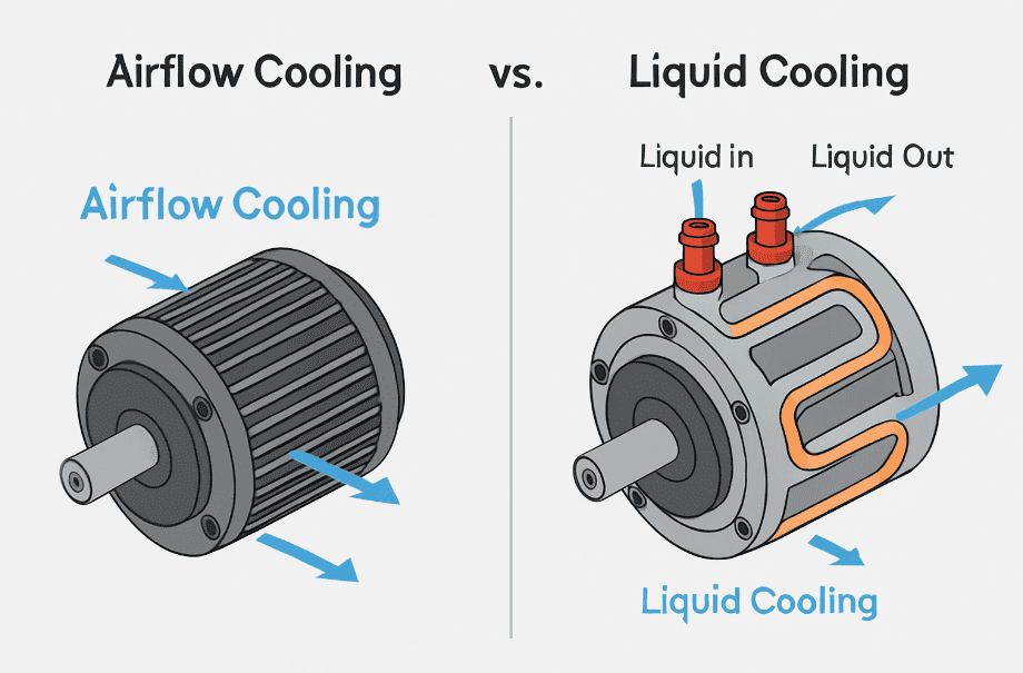 Diagram or 3D render showing airflow cooling vs. liquid cooling side-by-side.