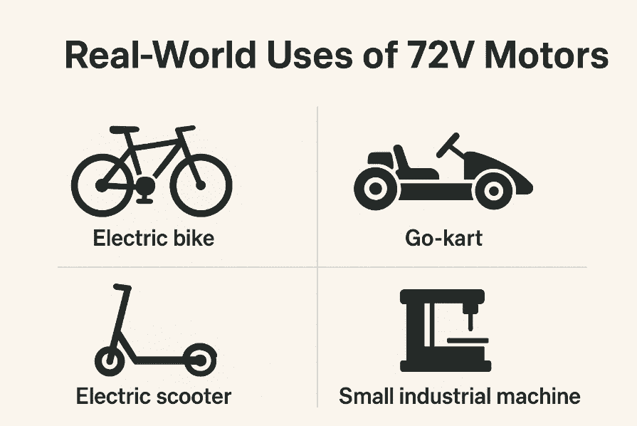 A grid showing real-world uses of 72V motors: